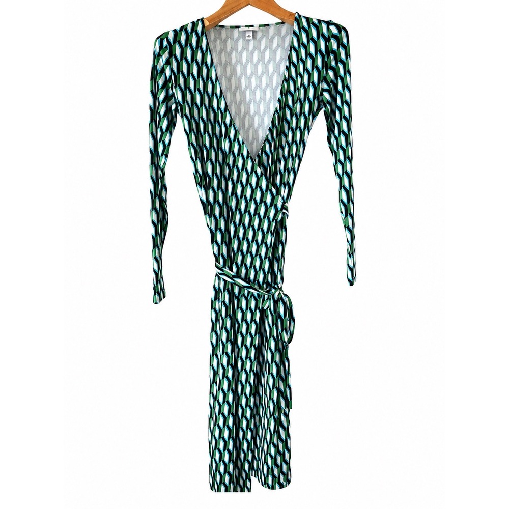 Diane von Furstenberg Target Green Geometric Wrap Midi Dress XS Long Sleeve Knit